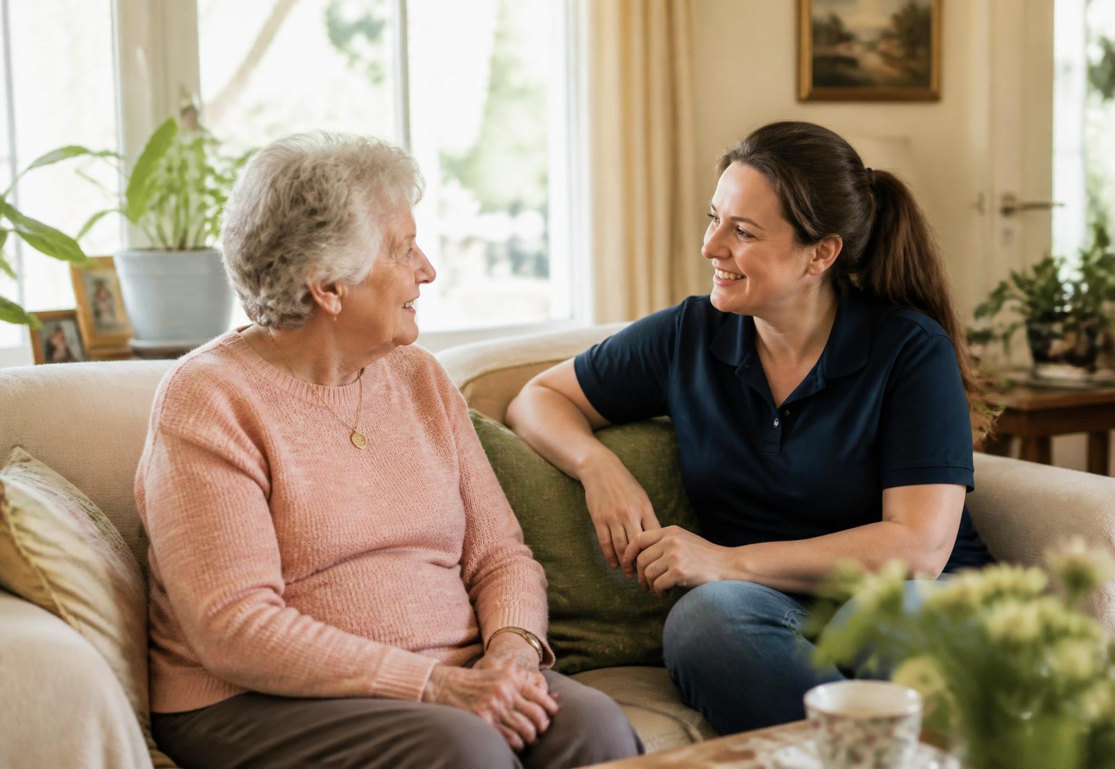 A resident and a caregiver sitting together and talking in a bright, comfortable living room