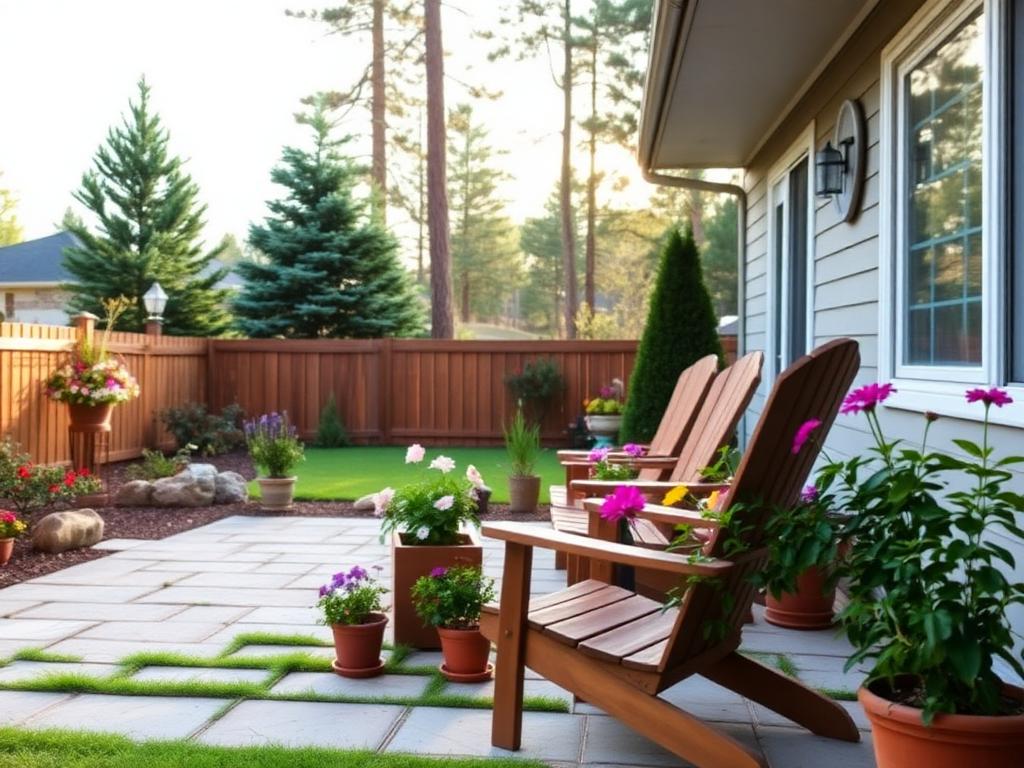 Peaceful garden patio surrounded by pine trees
